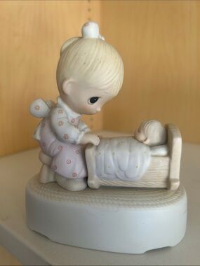 PRECIOUS MOMENTS Porcelain Angel Figurine with Cradle - Pale Pastels